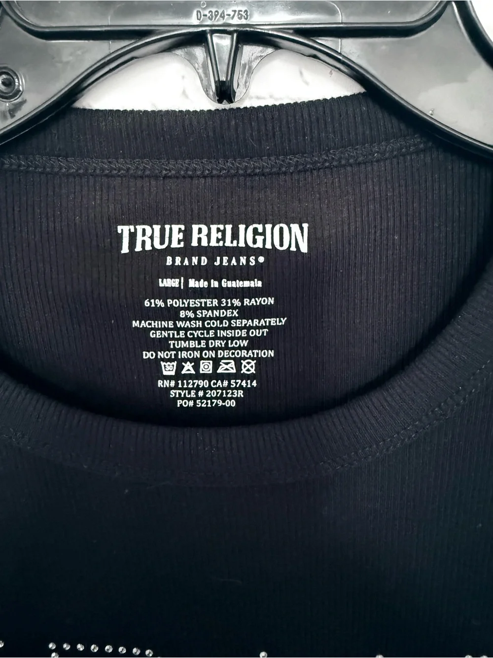NWOT True Religion Black Short Sleeve Ribbed Tee with Gold Logo Size Lg